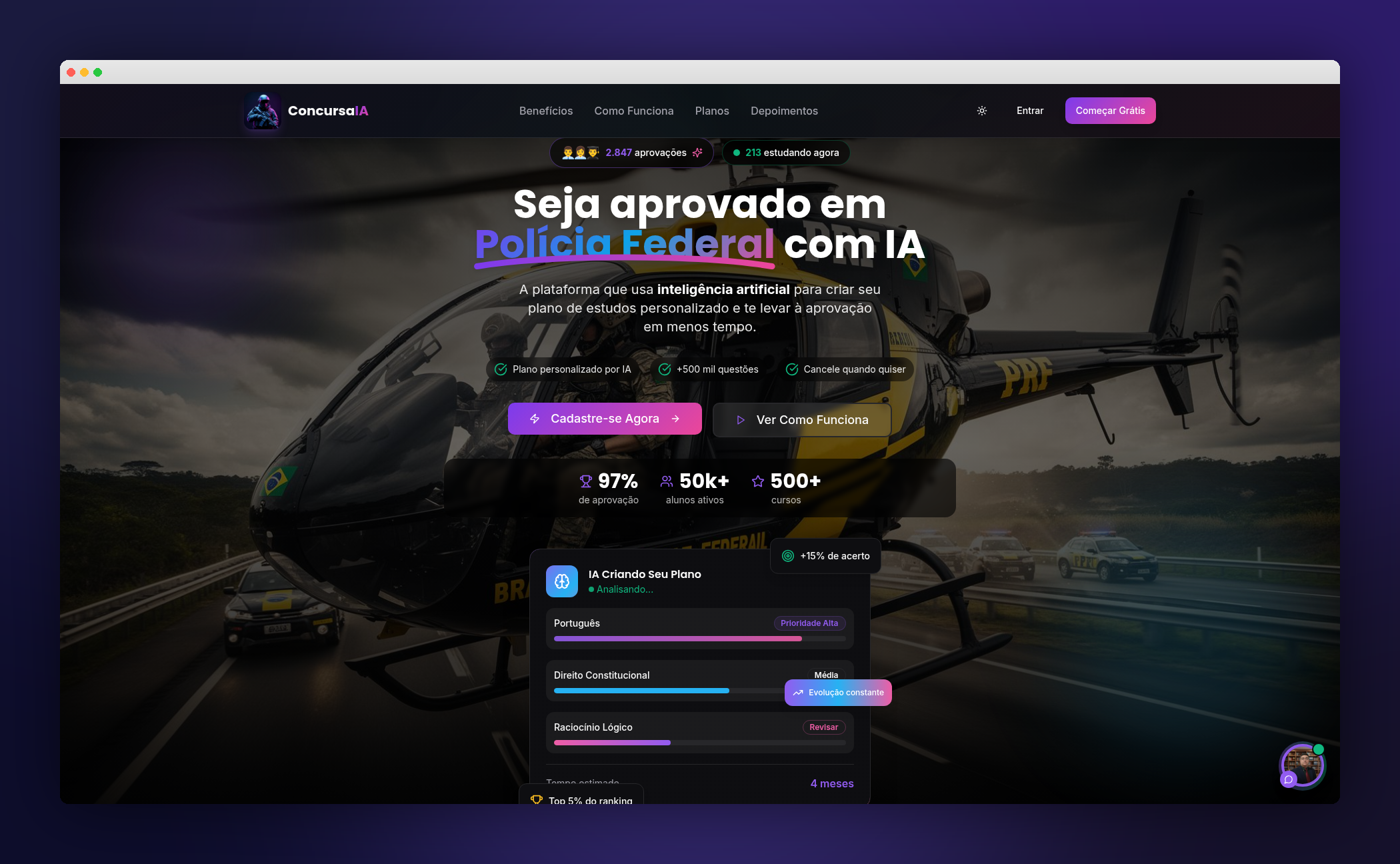 Dashboard da plataforma ConcursaIA com análise de editais e gráficos